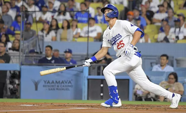 Los Angeles Dodgers' Tommy Edman heads to first for a solo home run during the second inning of a baseball game against the Chicago Cubs, Tuesday, Sept. 10, 2024, in Los Angeles. (AP Photo/Mark J. Terrill)