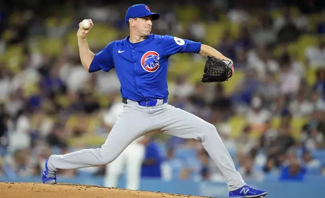 Chicago Cubs starting pitcher Kyle Hendricks throws to the plate during the first inning of a baseball game against the Los Angeles Dodgers, Monday, Sept. 9, 2024, in Los Angeles. (AP Photo/Mark J. Terrill)