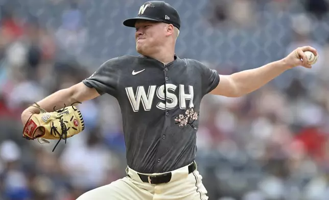 Washington Nationals starting pitcher DJ Herz throws during the first inning of a baseball game against the Chicago Cubs, Saturday, Aug. 31, 2024, in Washington. (AP Photo/John McDonnell)