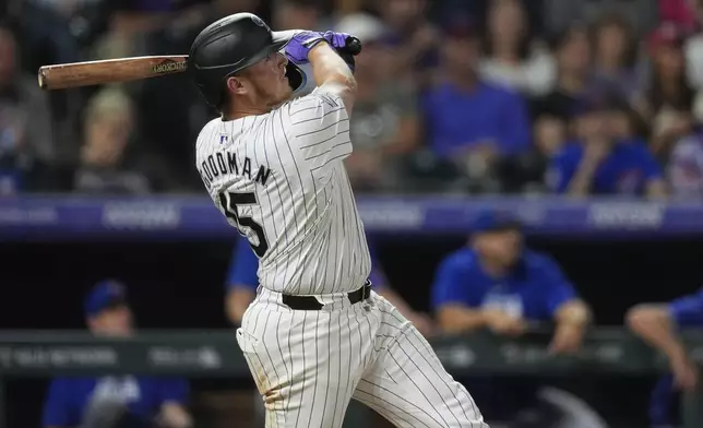 Colorado Rockies' Hunter Goodman follows the flight of his grand slam off Chicago Cubs relief pitcher Nate Pearson in the eighth inning of a baseball game, Friday, Sept. 13, 2024, in Denver. (AP Photo/David Zalubowski)