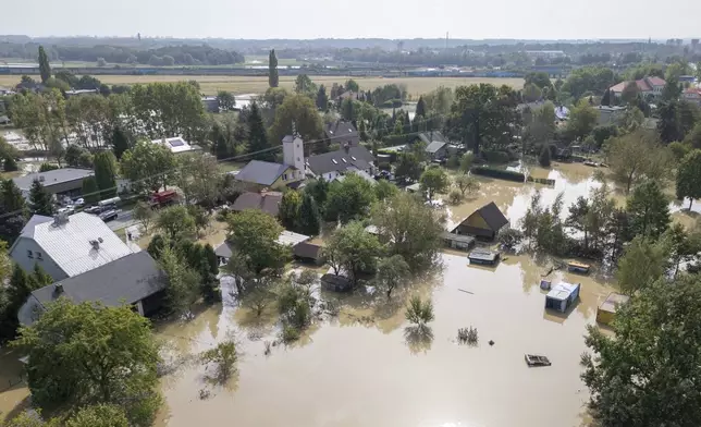 An aerial view of a flooded neighbourhood in Bohumin, Czech Republic, Tuesday, Sept. 17, 2024. (AP Photo/Darko Bandic)