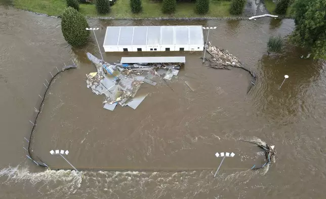 A view of flooded sports club in Plav, Czech Republic, Tuesday, Sept. 17, 2024. (AP Photo/Stanislav Hodina)