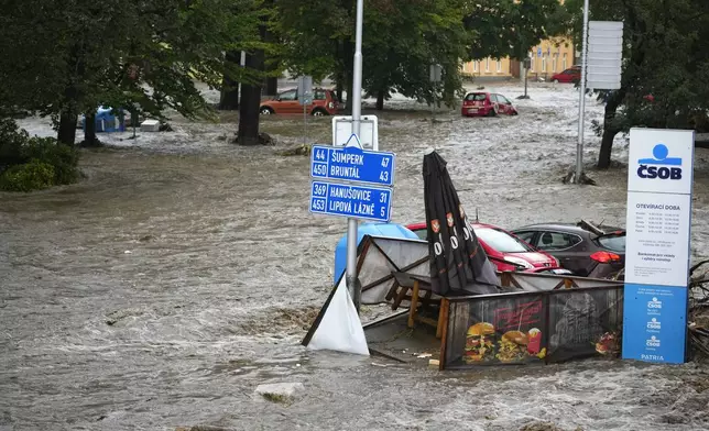 The flooded city center of Jesenik, Czech Republic, Sunday, Sept. 15, 2024. (AP Photo/Petr David Josek)