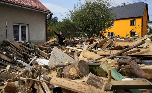 A young man throws a piece of wood as residents return to clean up after recent floods in Mikulovice, Czech Republic, Thursday, Sept. 19, 2024. (AP Photo/Petr David Josek)