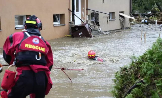 A rescue worker is pulled against a strong current during an evacuation operation during floods in Jesenik, Czech Republic, Sunday, Sept. 15, 2024. (AP Photo/Petr David Josek)