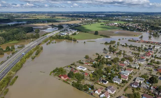 A drone image showing the floods in the Ostrava-Koblov district, Czech Republic, Sunday Sept. 15, 2024. (Petr Sznapka/CTK via AP)