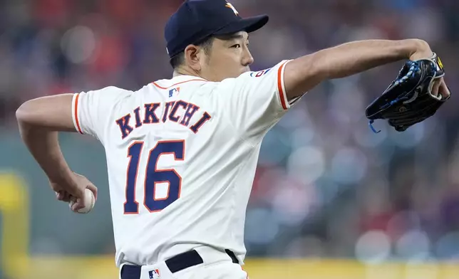 Houston Astros starting pitcher Yusei Kikuchi throws against the Arizona Diamondbacks during the first inning of a baseball game, Saturday, Sept. 7, 2024, in Houston. (AP Photo/Eric Christian Smith)