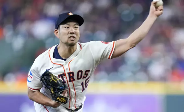 Houston Astros starting pitcher Yusei Kikuchi throws against the Arizona Diamondbacks during the first inning of a baseball game, Saturday, Sept. 7, 2024, in Houston. (AP Photo/Eric Christian Smith)