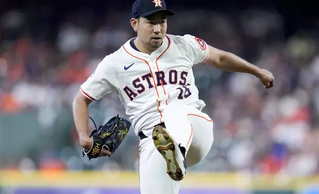 Houston Astros starting pitcher Yusei Kikuchi follows through on a pitch against the Arizona Diamondbacks during the first inning of a baseball game, Saturday, Sept. 7, 2024, in Houston. (AP Photo/Eric Christian Smith)