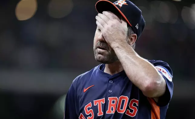 Houston Astros starting pitcher Justin Verlander walks to the dugout after completing the top of the third inning of a baseball game Sunday, Sept. 8, 2024, in Houston. (AP Photo/Eric Christian Smith)