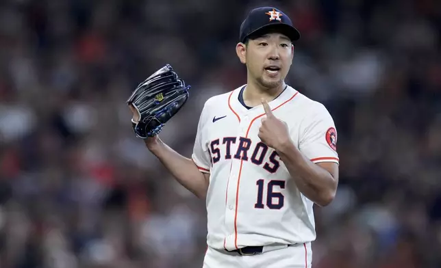 Houston Astros starting pitcher Yusei Kikuchi questions a call during the fifth inning of a baseball game against the Arizona Diamondbacks, Saturday, Sept. 7, 2024, in Houston. (AP Photo/Eric Christian Smith)