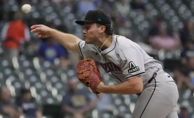 Arizona Diamondbacks pitcher Brandon Pfaadt throws during the first inning of a baseball game against the Milwaukee Brewers Thursday, Sept. 19, 2024, in Milwaukee. (AP Photo/Morry Gash)