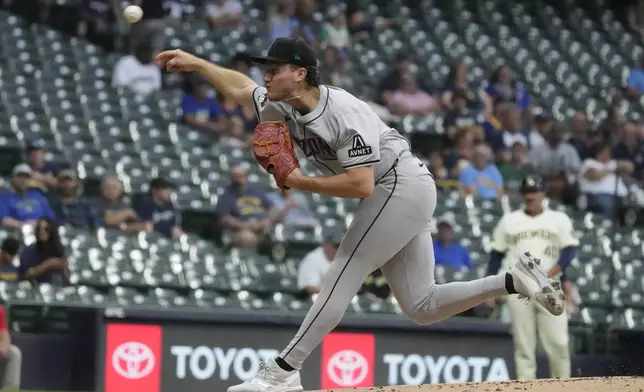 Arizona Diamondbacks pitcher Brandon Pfaadt throws during the first inning of a baseball game against the Milwaukee Brewers Thursday, Sept. 19, 2024, in Milwaukee. (AP Photo/Morry Gash)