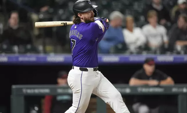 Colorado Rockies' Brendan Rodgers follows the flight of his RBI single in the eighth inning of a baseball game against the Arizona Diamondbacks Tuesday, Sept. 17, 2024, in Denver. (AP Photo/David Zalubowski)