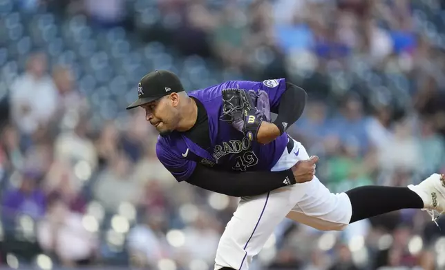 Colorado Rockies starting pitcher Antonio Senzatela works against the Arizona Diamondbacks in the first inning of a baseball game, Monday, Sept. 16, 2024, in Denver. (AP Photo/David Zalubowski)