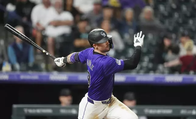 Colorado Rockies' Brenton Doyle singles off Arizona Diamondbacks relief pitcher Ryan Thompson in the ninth inning of a baseball game Monday, Sept. 16, 2024, in Denver. (AP Photo/David Zalubowski)