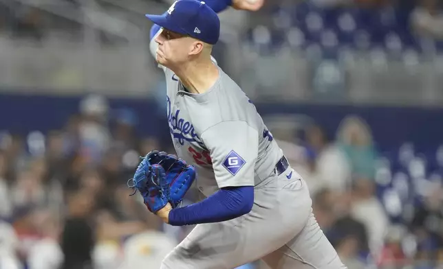 Los Angeles Dodgers pitcher Bobby Miller aims a pitch during the first inning of a baseball game against the Miami Marlins, Tuesday, Sept. 17, 2024, in Miami. (AP Photo/Marta Lavandier)