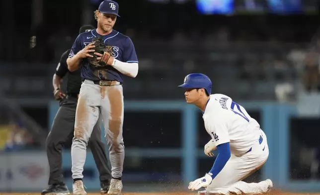 Los Angeles Dodgers designated hitter Shohei Ohtani (17) reacts after stealing second base during the fifth inning of a baseball game against the Tampa Bay Rays in Los Angeles, Friday, Aug. 23, 2024. (AP Photo/Ashley Landis)