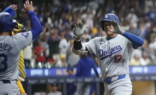 Los Angeles Dodgers' Shohei Ohtani (17) is congratulated by teammates after hitting a two-run home run during the fifth inning of a baseball game against the Milwaukee Brewers, Monday, Aug. 12, 2024, in Milwaukee. (AP Photo/Aaron Gash)