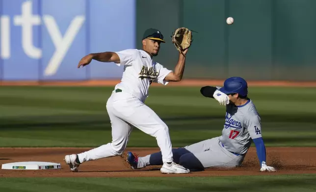 Oakland Athletics second baseman Darell Hernaiz, left, catches a throw from catcher Shea Langeliers as Los Angeles Dodgers' Shohei Ohtani (17) steals second during the first inning of a baseball game Saturday, Aug. 3, 2024, in Oakland, Calif. (AP Photo/Godofredo A. Vásquez)