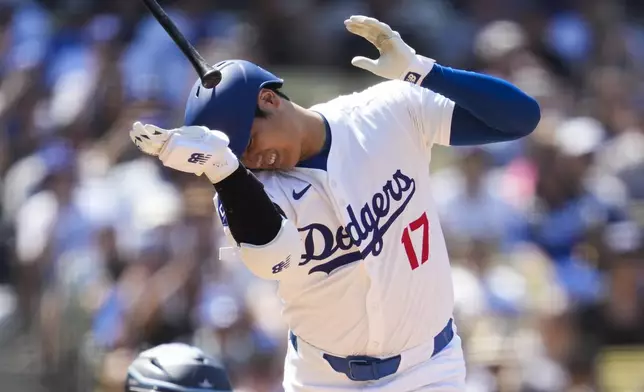 Los Angeles Dodgers designated hitter Shohei Ohtani reacts after being hit by a pitch from Tampa Bay Rays relief pitcher Richard Lovelady during the eighth inning of a baseball game in Los Angeles, Sunday, Aug. 25, 2024. (AP Photo/Ashley Landis)