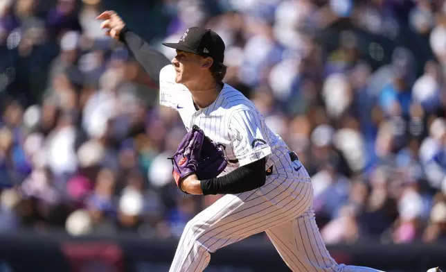 Colorado Rockies starting pitcher Ryan Feltner works against the Los Angeles Dodgers in the first inning of a baseball game Sunday, Sept. 29, 2024, in Denver. (AP Photo/David Zalubowski)