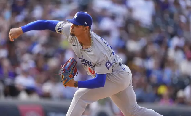 Los Angeles Dodgers relief pitcher Edgardo Henriquez works against the Colorado Rockies in the ninth inning of a baseball game, Sunday, Sept. 29, 2024, in Denver. (AP Photo/David Zalubowski)