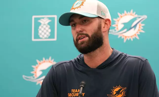 Miami Dolphins quarterback Skylar Thompson speaks during a news conference at the NFL football team's training facility, Wednesday, Sept. 18, 2024, in Miami Gardens, Fla. (AP Photo/Lynne Sladky)