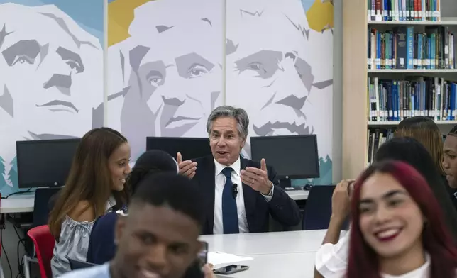 U.S. Secretary of State Antony Blinken speaks with students at the English language Dominico Americano School in Santo Domingo, Dominican Republic, Friday, Sept. 6, 2024. (Roberto Schmidt/Pool photo via AP)