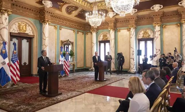 U.S. Secretary of State Antony Blinken, left, and Dominican Republic President Luis Abinader hold a joint news conference at the National Palace in Santo Domingo, Sept. 6, 2024. (Roberto Schmidt/Pool photo via AP)