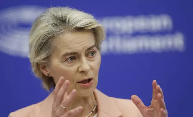 European Commission President Ursula von der Leyen presents her new team for her next five-year tenure at the head of the bloc, during a press conference at the European Parliament, Tuesday, Sept. 17, 2024, in Strasbourg. (AP Photo/Jean-Francois Badias)