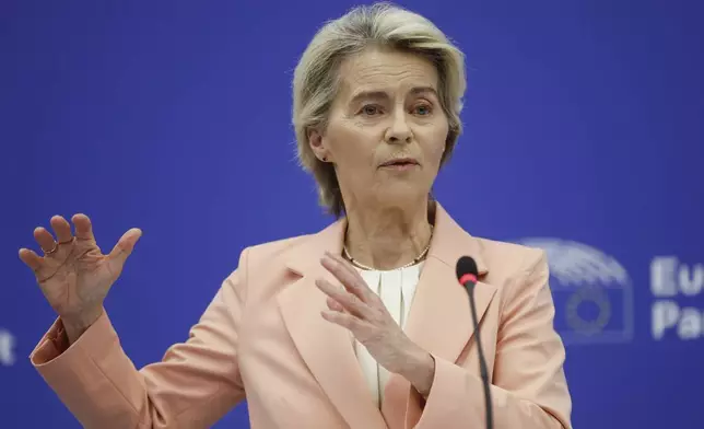 European Commission President Ursula von der Leyen presents her new team for her next five-year tenure at the head of the bloc, during a press conference at the European Parliament, Tuesday, Sept. 17, 2024, in Strasbourg. (AP Photo/Jean-Francois Badias)