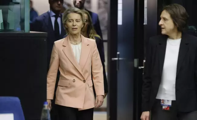 European Commission President Ursula von der Leyen arrives for a session at the European Parliament, Tuesday, Sept. 17, 2024 in Strasbourg. (AP Photo/Jean-Francois Badias)