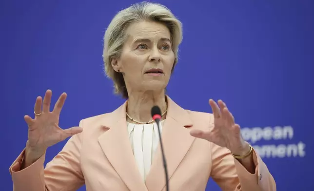 European Commission President Ursula von der Leyen presents her new team for her next five-year tenure at the head of the bloc, during a press conference at the European Parliament, Tuesday, Sept. 17, 2024, in Strasbourg.(AP Photo/Jean-Francois Badias)