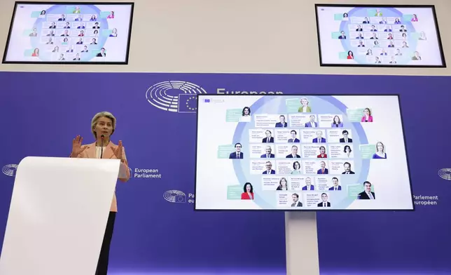 European Commission President Ursula von der Leyen presents her new team for the next five-year, during a press conference at the European Parliament, Tuesday, Sept. 17, 2024, in Strasbourg. (AP Photo/Jean-Francois Badias)