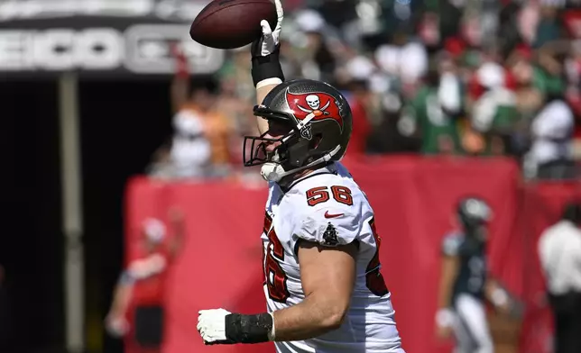 Tampa Bay Buccaneers' Ben Stille reacts after recovering a fumble during the second half of an NFL football game against the Philadelphia Eagles, Sunday, Sept. 29, 2024, in Tampa, Fla. (AP Photo/Jason Behnken)