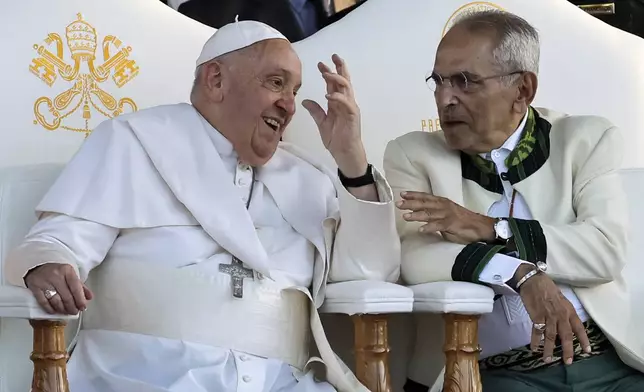 Pope Francis and East Timor's President Jose Ramos-Horta attend a welcoming ceremony at the Presidential Palace in Dili, East Timor, Monday Sept. 9, 2024. (Yasuyoshi Chiba/Pool Photo via AP)