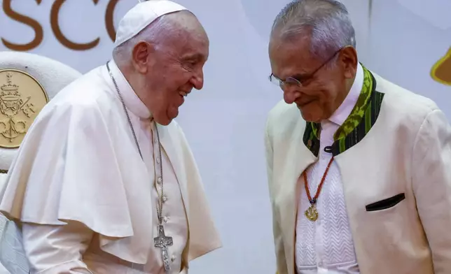 Pope Francis and East Timor President Jose Ramos-Horta, right, during a meeting with East Timor authorities, civil society, and the diplomatic corps at the Presidential Palace in Dili, East Timor, Monday, Sept. 9, 2024. (Willy Kurniawan/Pool Photo via AP)