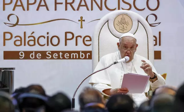 Pope Francis delivers his address during a meeting with East Timor authorities, civil society, and the diplomatic corps at the Presidential Palace in Dili, East Timor, Monday, Sept. 9, 2024. (Willy Kurniawan/Pool Photo via AP)