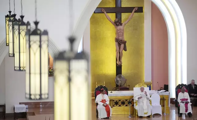 Pope Francis leads the holy mass at the Cathedral of the Immaculate Conception in Dili, East Timor, Tuesday, Sept. 10, 2024. (AP Photo/Dita Alangkara)