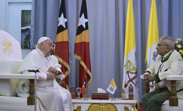 Pope Francis meets with East Timor's President Jose Ramos-Horta, right, at the Presidential Palace in Dili, East Timor, Monday, Sept. 9, 2024. (Tiziana Fabi/Pool Photo via AP)