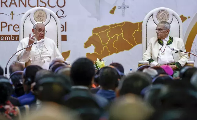 Pope Francis delivers his address as East Timor President Jose Ramos-Horta listens, right, during a meeting with East Timor authorities, civil society, and the diplomatic corps at the Presidential Palace in Dili, East Timor, Monday, Sept. 9, 2024. (Willy Kurniawan/Pool Photo via AP)