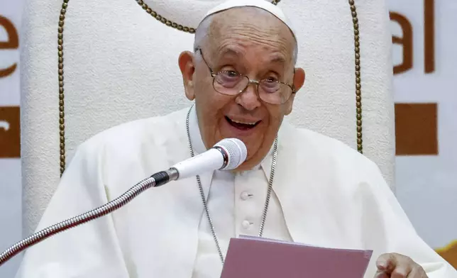 Pope Francis delivers his address during a meeting with East Timor authorities, civil society, and the diplomatic corps at the Presidential Palace in Dili, East Timor, Monday, Sept. 9, 2024. (Willy Kurniawan/Pool Photo via AP)