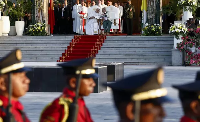 Pope Francis talks with East Timor President Jose Ramos-Horta, center right, during a welcoming ceremony upon their meeting at the Presidential Palace in Dili, East Timor, Sept.9, 2024. (Willy Kurniawan/Pool Photo via AP)