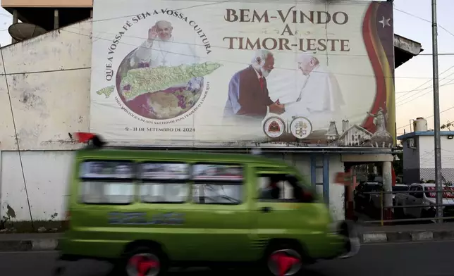 A billboard welcoming Pope Francis is seen in Dili, East Timor Friday, Sept. 6, 2024. (AP Photo/Firdia Lisnawati)