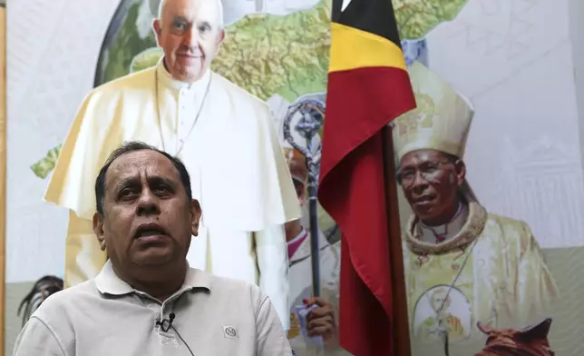 East Timor's Minister of State Administration, Tomas Cabral, who heads the national organizing committee for the pope's visit, speaks with a reporter in Dili, East Timor, Thursday, Sept. 5, 2024. (AP Photo/Firdia Lisnawati)