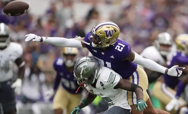 Washington defensive back Dyson McCutcheon (21) tips a pass away from Eastern Michigan wide receiver Oran Singleton and is called for pass interference during the second half of an NCAA college football game Saturday, Sept. 7, 2024, in Seattle. Washington won 30-9. (AP Photo/Lindsey Wasson)