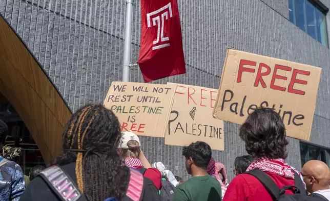 People hold up signs during a pro-Palestine rally and march on Temple University campus in Philadelphia, Aug. 29, 2024. (AP Photo/Chris Szagola)