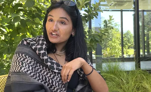 In this image taken from video, Brown University Student Body President Niyanta Nepal speaks to a reporter from The Associated Press, Tuesday, Sept. 3, 2024, in Providence, R.I. (AP Photos/Michael Casey)