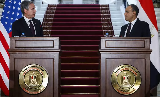 U.S. Secretary of State Antony Blinken, left, and Egypt's Foreign Minister Badr Abdelatty attend a joint press conference in Tahrir Palace in Cairo, Egypt Wednesday, Sept. 18, 2024. (Evelyn Hockstein/Pool Photo via AP)